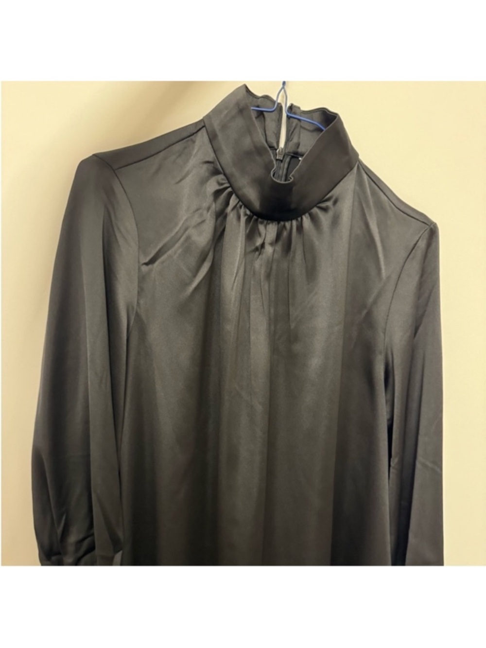 Black satin long sleeve knee length dress flowy - Picture 8 of 11